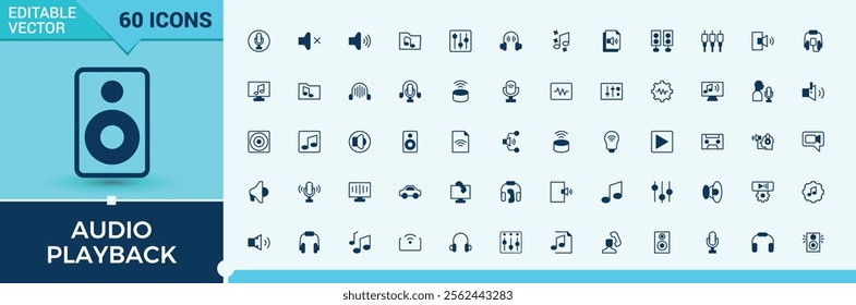 Audio Playback icon set. It contains symbols to no, sound, ear, set, pause, round, wave and more. Minimalistic icons. Solid line editable vector illustration.