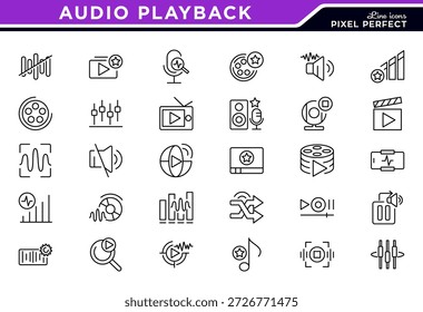 Conjunto de iconos de línea de reproducción de audio. Multimedia, sonido, reproducción, digital, medios de comunicación, reproductor, transmisión, escucha, diseño de iconos de grabación de voz. Ilustración vectorial