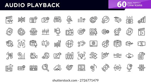Conjunto de iconos de línea de reproducción de audio. Multimedia, sonido, reproducción, digital, medios de comunicación, reproductor, transmisión, escucha, diseño de iconos de grabación de voz. Ilustración vectorial
