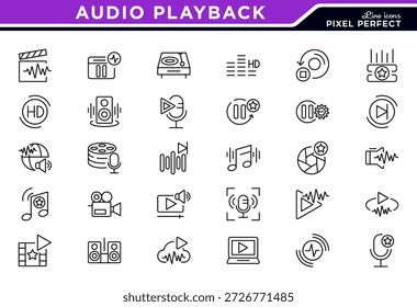 Conjunto de iconos de línea de reproducción de audio. Multimedia, sonido, reproducción, digital, medios de comunicación, reproductor, transmisión, escucha, diseño de iconos de grabación de voz. Ilustración vectorial