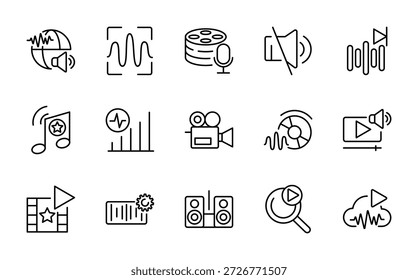 Conjunto de iconos de línea de reproducción de audio. Multimedia, sonido, reproducción, digital, medios de comunicación, reproductor, transmisión, escucha, diseño de iconos de grabación de voz. Ilustración vectorial
