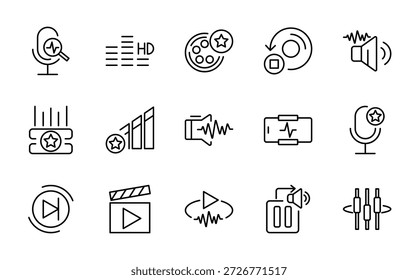 Conjunto de iconos de línea de reproducción de audio. Multimedia, sonido, reproducción, digital, medios de comunicación, reproductor, transmisión, escucha, diseño de iconos de grabación de voz. Ilustración vectorial