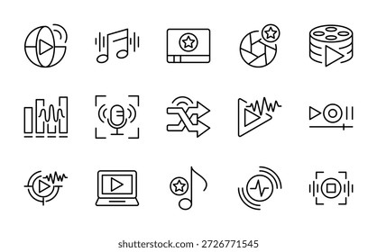 Conjunto de iconos de línea de reproducción de audio. Multimedia, sonido, reproducción, digital, medios de comunicación, reproductor, transmisión, escucha, diseño de iconos de grabación de voz. Ilustración vectorial