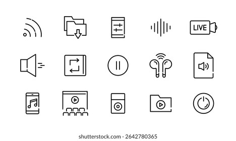 Conjunto de ícones lineares da reprodução de áudio. Som, multimídia, volume, Controle de mídia, vídeo, microfone, Música, voz, mídia e conjunto de ícones vetoriais de contorno do player. Pacote de ícones de linha fina da interface do usuário.