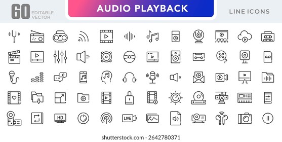 Conjunto de ícones lineares da reprodução de áudio. Som, multimídia, volume, Controle de mídia, vídeo, microfone, Música, voz, mídia e conjunto de ícones vetoriais de contorno do player. Pacote de ícones de linha fina da interface do usuário.