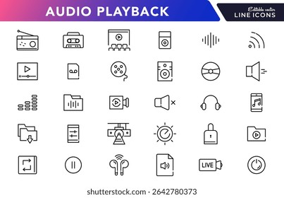 Conjunto de ícones lineares da reprodução de áudio. Som, multimídia, volume, Controle de mídia, vídeo, microfone, Música, voz, mídia e conjunto de ícones vetoriais de contorno do player. Pacote de ícones de linha fina da interface do usuário.