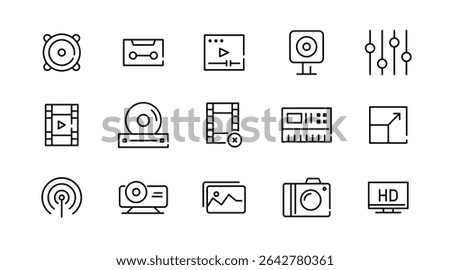Audio playback linear icon set. Sound, multimedia, volume, Media Control, video, microphone, Music, voice, media and player outline vector icon set. UI thin line icon pack.