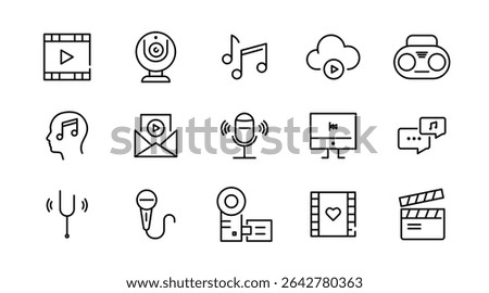 Audio playback linear icon set. Sound, multimedia, volume, Media Control, video, microphone, Music, voice, media and player outline vector icon set. UI thin line icon pack.