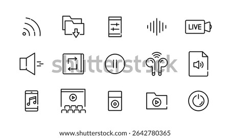 Audio playback linear icon set. Sound, multimedia, volume, Media Control, video, microphone, Music, voice, media and player outline vector icon set. UI thin line icon pack.