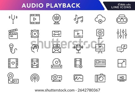 Audio playback linear icon set. Sound, multimedia, volume, Media Control, video, microphone, Music, voice, media and player outline vector icon set. UI thin line icon pack.