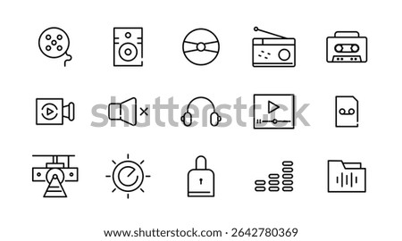 Audio playback linear icon set. Sound, multimedia, volume, Media Control, video, microphone, Music, voice, media and player outline vector icon set. UI thin line icon pack.