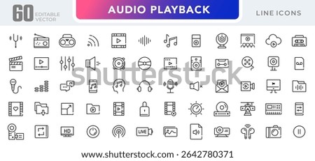 Audio playback linear icon set. Sound, multimedia, volume, Media Control, video, microphone, Music, voice, media and player outline vector icon set. UI thin line icon pack.