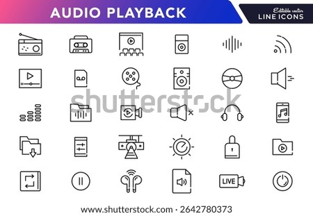 Audio playback linear icon set. Sound, multimedia, volume, Media Control, video, microphone, Music, voice, media and player outline vector icon set. UI thin line icon pack.