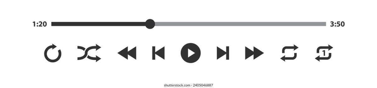 Audio player button interface icon. Play music. Multimedia for video. Pause, next, previous, shuffle, repeat sign. Vector illustration.
