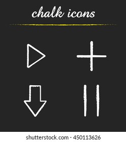 Audio player chalk icons set. Play, add, download, pause buttons. Isolated vector chalkboard illustrations