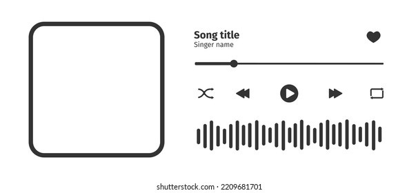 Audio player interface design element with song photo frame, buttons, loading bar and sound wave. Horizontal arrangement. Vector graphic illustration isolated on white background