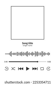 Audio player interface with frame for song cover, sound wave, loading bar with timer and shuffle, rewind, play, fast forward, repeat buttoms. Audio player template. Vector graphic illustration