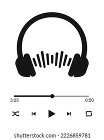 Audio player interface with headphones sign, sound wave, loading bar and buttons play, shuffle, rewinf, fast forward and repeat. Online radio, podcast, broadcast concept. Vector graphic illustration