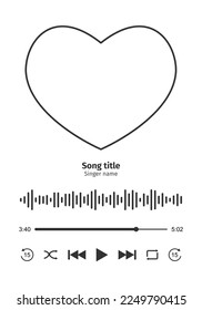 Audio player interface with heart shaped photo frame for song cover, equalizer, loading progress bar with timer, buttoms shuffle, rewind, play, fast forward, repeat. MP3 player template.