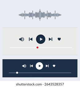 Interface do reprodutor de áudio no modo claro e escuro. Modelo vetorial para aplicativos de música, podcasts e reprodução de áudio. Design limpo com controles de volume, reprodução e pausa. Vetor