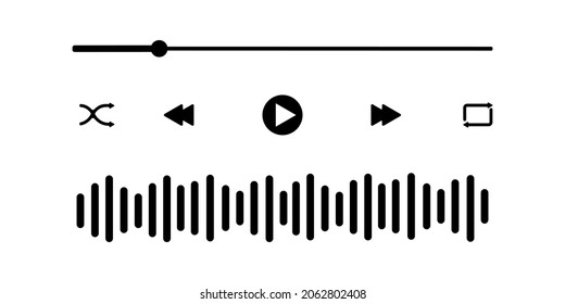 Audio player interface with loading bar, buttons, sound wave icon. Graphic mediaplayer panel template for mobile app. Vector flat illustration.