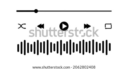 Audio player interface with loading bar, buttons, sound wave icon. Graphic mediaplayer panel template for mobile app. Vector flat illustration.