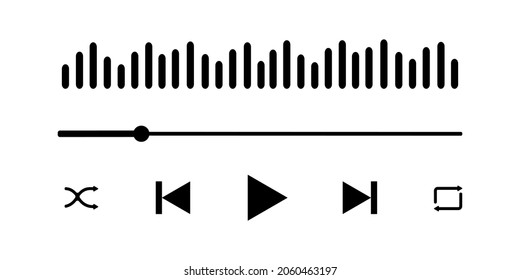 Interfaz de reproductor de audio con onda de sonido, barra de progreso de carga y botones. Plantilla de panel simple de mediaplayer para aplicación móvil. Ilustración gráfica vectorial.