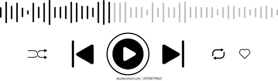Audio player interface with sound wave, loading progress bar and buttons. Vector eps10