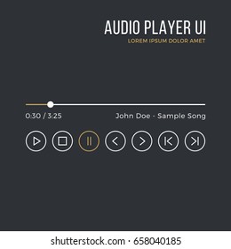 Audio player interface. Timeline, buttons, icons, artist name, song title. Media player ui, white, gold gui isolated on black background. Thin line design. Minimalistic dark theme. Vector illustration