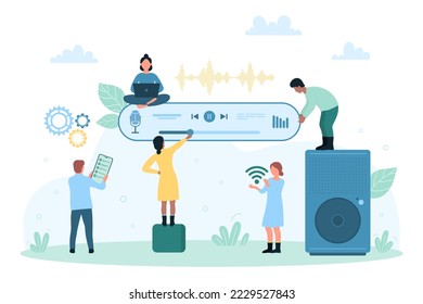 Audio player mobile app vector illustration. Cartoon tiny people listen music, audiobook, guide or voice podcast, characters using modern MP3 player in smartphone for learning and listening song