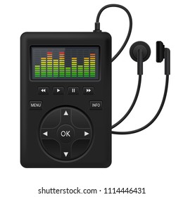 Audio player. Music device with headphones. Vector 3d illustration isolated on white background
