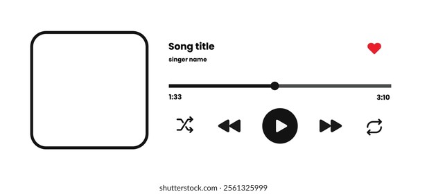 Audio player UI: Horizontal design with song photo frame, buttons, loading bar, and sound wave. Vector illustration on a white background.