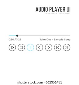 Audio Player UI. Media Player Interface, Black And Blue Gui Elements Isolated On White Background. Thin Line Design Concept. Minimalistic Clean Theme. Vector Illustration