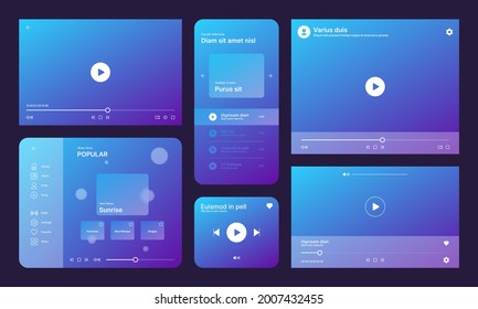 Audio player ui. Video media ux interface template app icons garish vector web design illustrations collection set