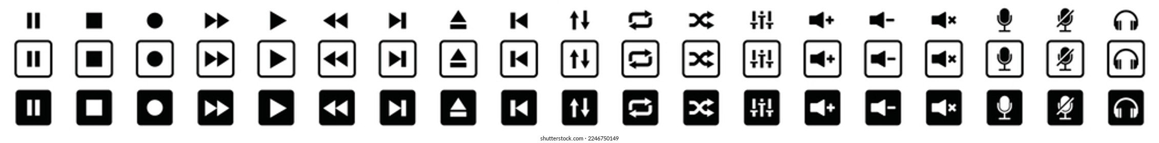 Audio player and video player buttons icon set. Music and sound icon set. Media player buttons icon in square. Video audio player buttons icon. Music sign, symbol illustration