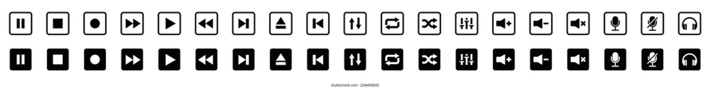 Symbol-Set für Audio-Player und Video-Player. Musik- und Tonsymbol eingestellt. Media Player-Schaltflächen Symbol in Quadrat. Symbol für Video-Audio-Player. Musikzeichen, Symbolgrafik