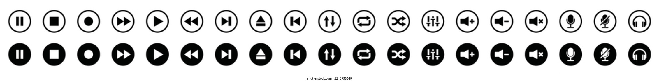 Audio player and video player buttons icon set. Music and sound icon set. Media player buttons icon in circle. Video audio player buttons icon. Music sign, symbol illustration