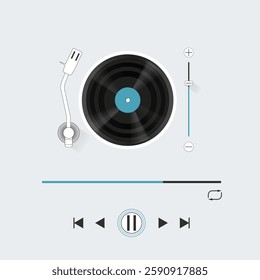 Audio player. Vinyl record with rewind, play, and volume icons. Vector illustration for podcast, radio show or player design. 