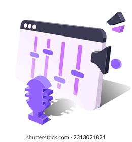 Audio. Podcast. 3D screen model with audio settings and microphone. Vector graphics on a white background