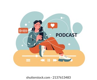 Concepto de podcast de audio. Niña con auriculares con teléfono sentado y sonrisas. El carácter escucha los materiales. Las tecnologías modernas y el mundo digital, la globalización y el hobby. Dibujo vectorial plano de dibujos animados