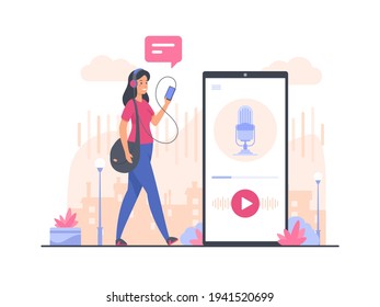Audio podcast concept illustration. Female cartoon character walking and listening to audio podcast using smartphone. Online radio, training course concept. Flat vector illustration