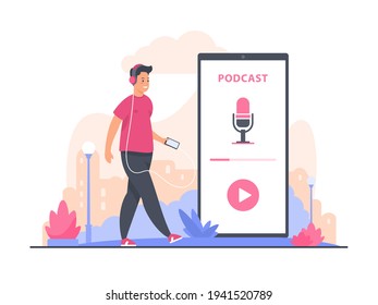 Audio podcast concept illustration. Male cartoon character walking and listening to audio podcast recording using smartphone. Online radio, webinar, training concept. Flat vector illustration