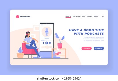 Audio podcast listener, webinar, training, audiobook concept. Landing page website banner vector template, poster, advertising. Woman sitting in armchair and listening to podcast using smartphone