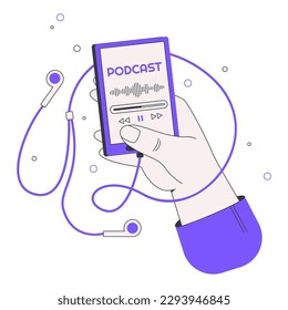 Audio podcast. Listening podcast on smartphone, gadget with audio broadcast. Podcast recording flat vector illustration