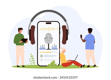 Audio podcast player app in mobile phone. Tiny people listen music and radio, voice news with giant headphones and smartphone, microphone and sound waves on screen cartoon vector illustration