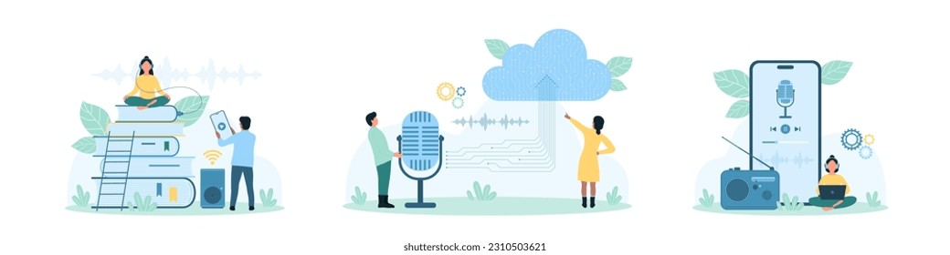 Audio podcast set vector illustration. Cartoon tiny people record, upload to cloud and listen music, radio broadcast, guide and audio books with headphones and microphone, player app on mobile phone