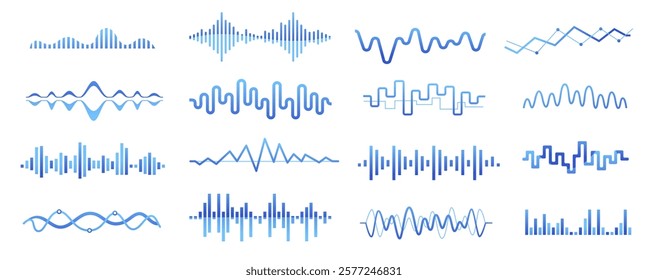 Audio podcast sound wave. Music song waveform, radio broadcast voice track, equalizer curve pulse, sound vibration amplitude level. Vector isolated set.