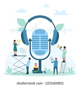 Audio podcast vector illustration. Cartoon tiny people record sound with big microphone, listen voice messages with headphones, characters making online broadcast talk show with modern equipment