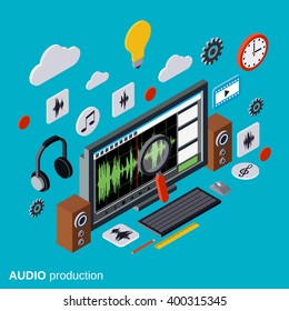 Audio Production, Montage  Flat 3d Isometric Vector Concept Illustration