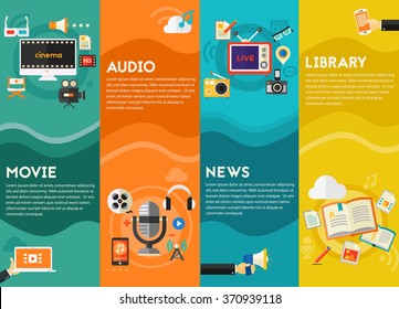 Audio Production And Podcast, E-ibrary And Distance Learning, Video Production And Motion Graphic, News And Reports Concept. Vertical Banners
